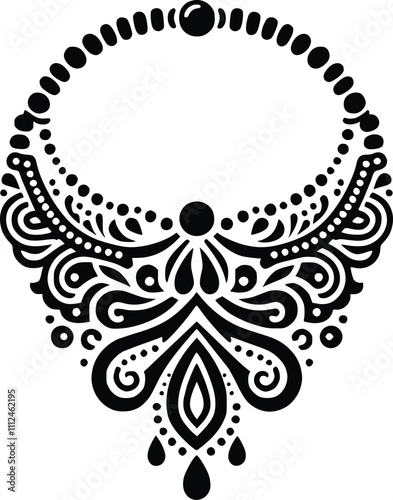 Black and White Illustration of Intricate Beaded Jewelry Including Necklaces and Bracelets