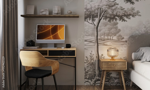 Visualization of cozy bedroom in beige and gray colors and wallpaper with a pattern with trees on the wall and a workplace with computer photo