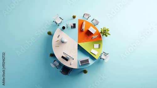 A surreal pie chart where office desks, chairs, and computers form the glowing segments, proportionally sized, with an alternating person icon in the center radiating softly, Surrealism, Radiant hues, photo