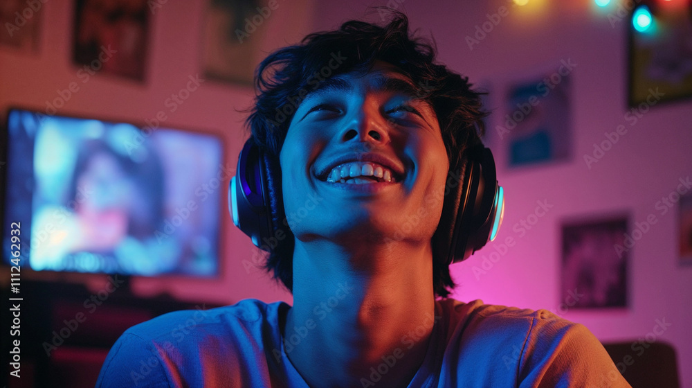 Young man smiling while wearing headphones at home Young man smiling while wearing headphones at home