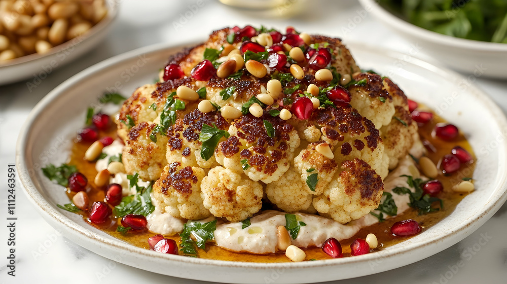 Harissa Roasted Cauliflower with Whipped Tahini and Pomegranate, Vegetarian Main Course Photography Harissa Roasted Cauliflower with Whipped Tahini and Pomegranate, Vegetarian Main Course Photography