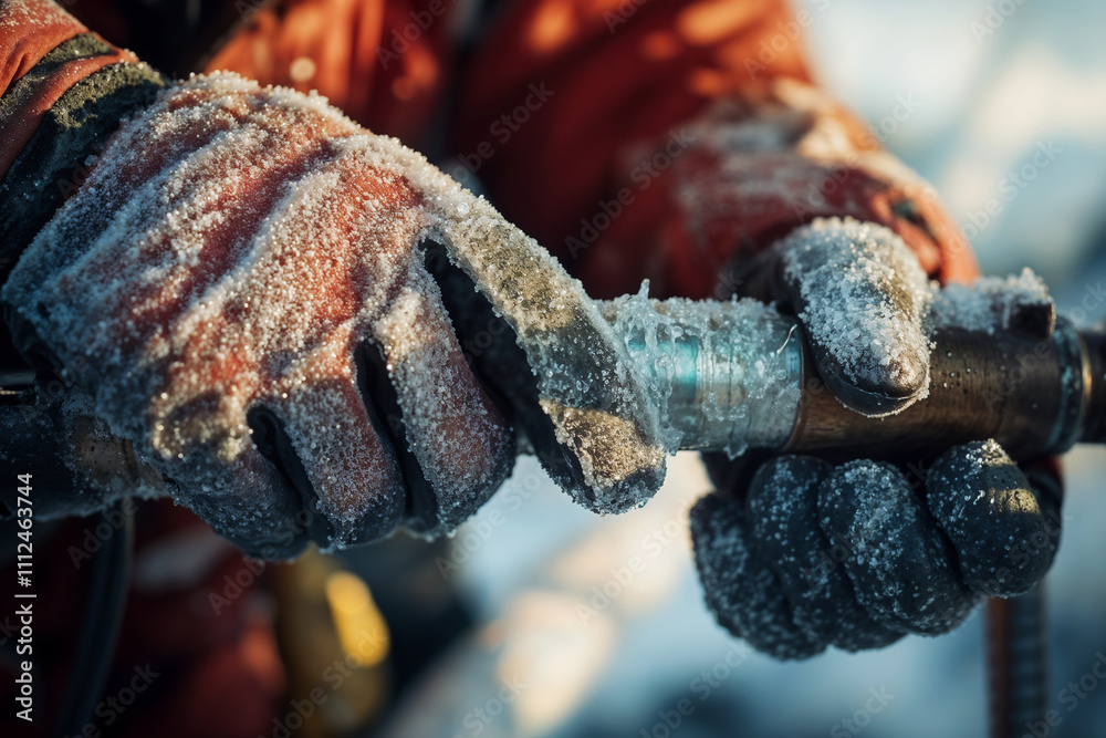 Obraz premium Frost-covered hands working on a metal pipe in winter