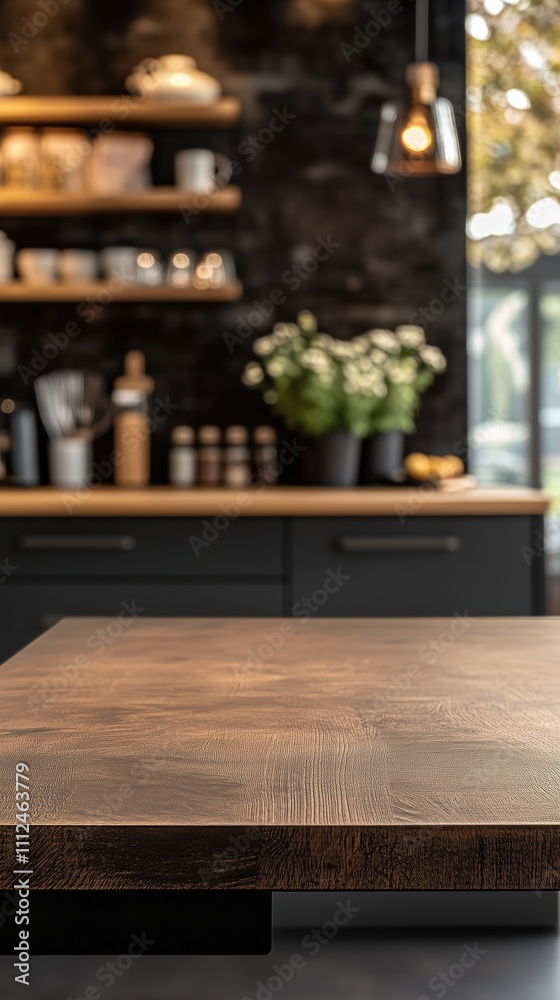 Wood table top on blur kitchen counter room background, for montage product display or design key visual layout, template Wood table top on blur kitchen counter room background, for montage product display or design key visual layout, template