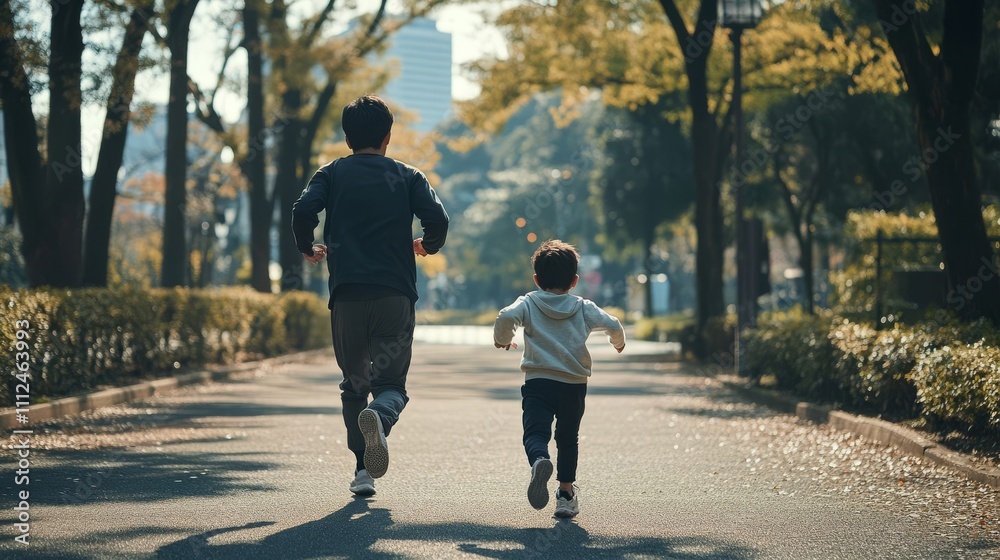 A father and his sons running in the park, captured from behind with their backs to us. They have black jackets on. The photo was taken during golden hour, warm tones of orange and yellow. A father and his sons running in the park, captured from behind with their backs to us. They have black jackets on. The photo was taken during golden hour, warm tones of orange and yellow.