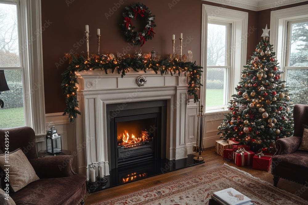 Luxurious Christmas living room with white fireplace, decorated tree, candles, garland, and elegant home interior design. Warm brown tones. Luxurious Christmas living room with white fireplace, decorated tree, candles, garland, and elegant home interior design. Warm brown tones.