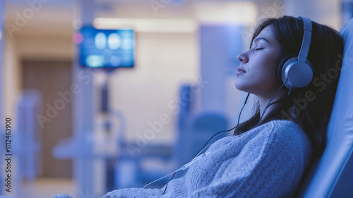 Woman listening to music on headphones in a hospital chair