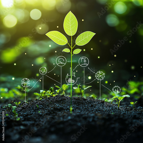 vibrant green plant emerges from rich soil, symbolizing growth and sustainability. Icons representing environmental science and innovation surround it, highlighting importance of nature