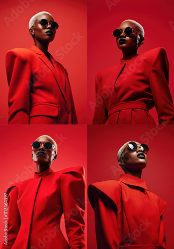Bold red fashion concept with dramatic styling and sunglasses in a monochromatic look