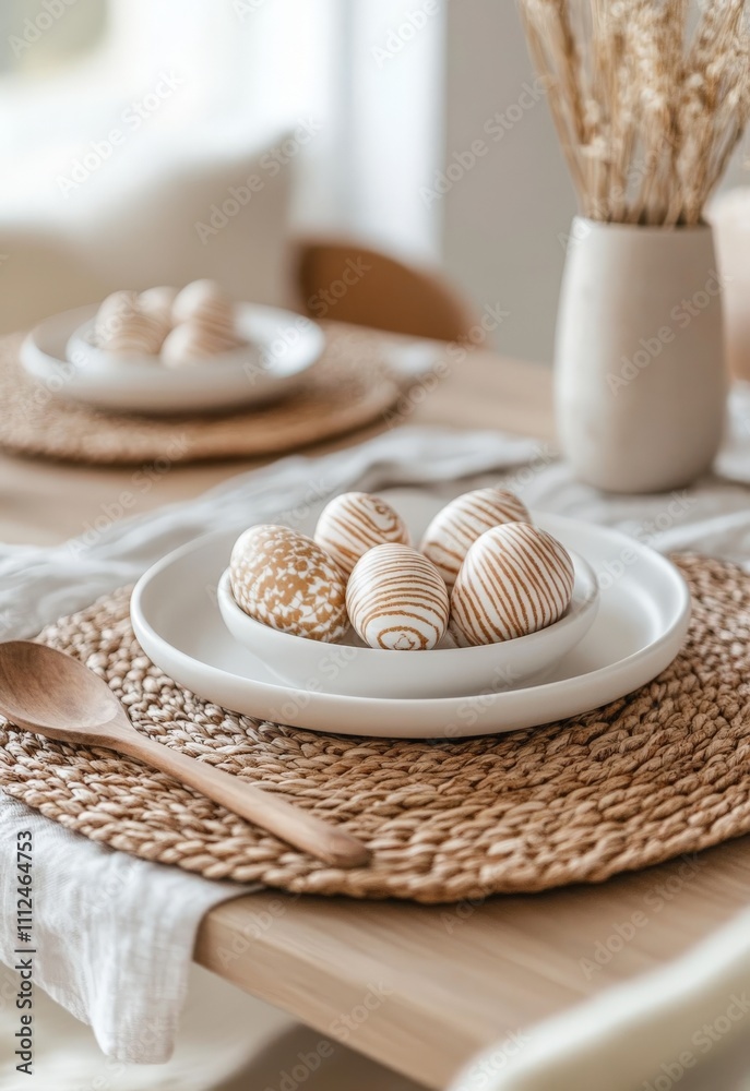 Elegant display of decorated brown easter eggs on a woven placemat Elegant display of decorated brown easter eggs on a woven placemat