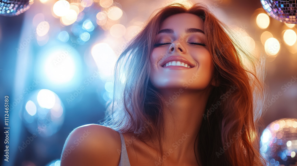 portrait of beautiful young woman having fun at party against blurred disco ball background, white silver light, happy smiling girl dancing in night club portrait of beautiful young woman having fun at party against blurred disco ball background, white silver light, happy smiling girl dancing in night club