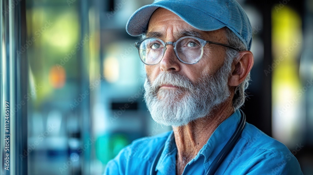 A thoughtful elderly man with glasses and a cap, gazing thoughtfully in a reflective setting. A thoughtful elderly man with glasses and a cap, gazing thoughtfully in a reflective setting.
