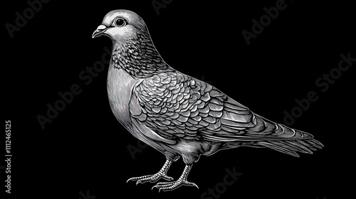 Elegant Monochrome Pigeon Illustration: A Detailed Hand-Drawn Portrait of a Dove against a Black Background photo