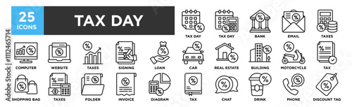 Tax Day icon collection set. Containing design Tax Day, Tax Day, Bank, Email, Taxes 