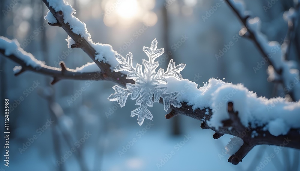 Ultra realistic detailed close-up of a snowflake perched on a tree branch in a snowy landscape Ultra realistic detailed close-up of a snowflake perched on a tree branch in a snowy landscape
