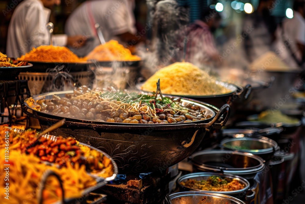 A bustling food market with steaming dishes and vibrant colors. A bustling food market with steaming dishes and vibrant colors.