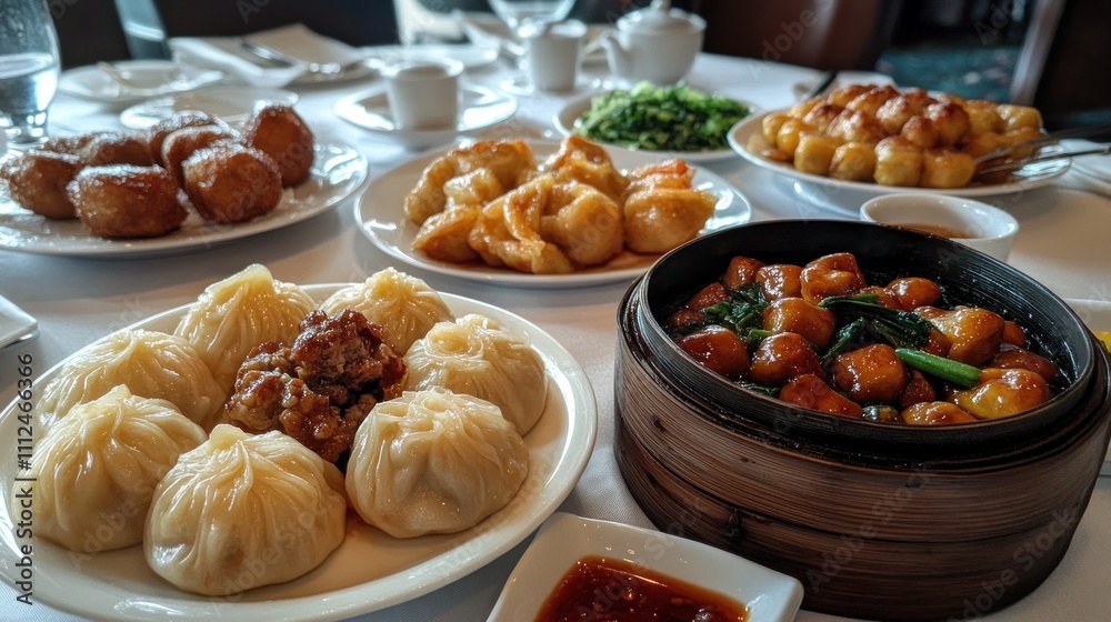 A variety of dumplings and fried dishes served on a table for a meal. A variety of dumplings and fried dishes served on a table for a meal.