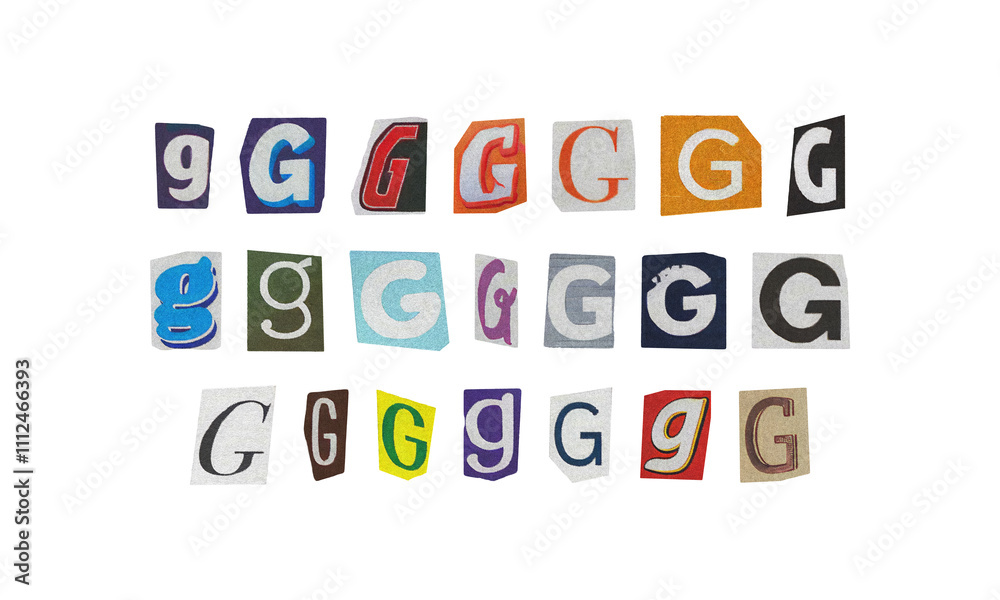 Set of cut-out letter “G” from magazines on a transparent background, retro y2k ransom font style Set of cut-out letter “G” from magazines on a transparent background, retro y2k ransom font style
