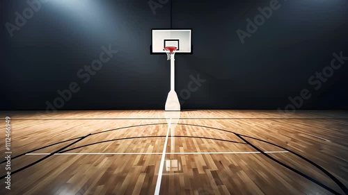 Empty Indoor Basketball Court with Hoop and Polished Wooden Floor

 photo