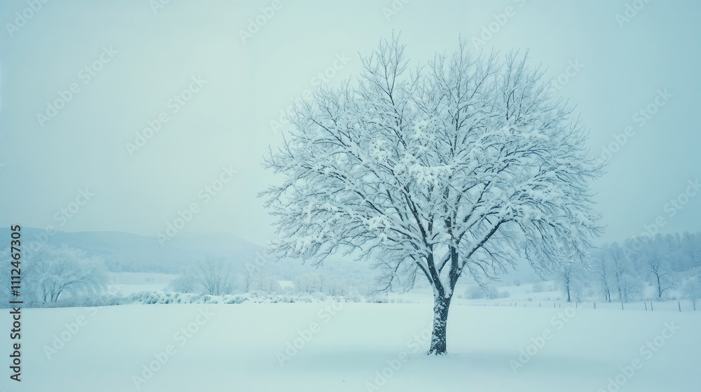 Fototapeta premium Snow-covered tree in serene winter landscape