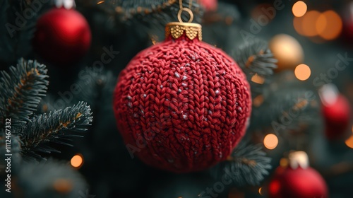 Red knitted Christmas tree ball. Handmade bauble. Merry Xmas, New Year 2025