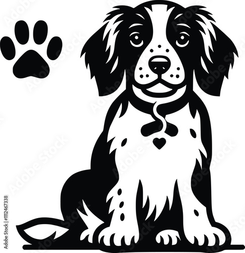 Black and White Illustration of a Brittany Spaniel