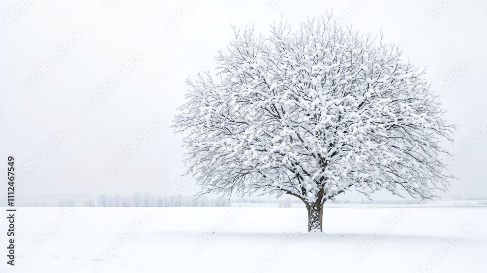 Fototapeta premium Snow-covered tree in open winter field under cloudy sky