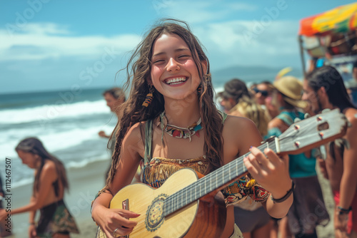 Joyful girl playing charango on a sunny beach with laughter and music