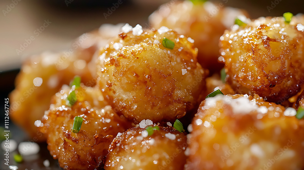Close-up of tater tots with a crunchy texture, sprinkled with sea salt Close-up of tater tots with a crunchy texture, sprinkled with sea salt