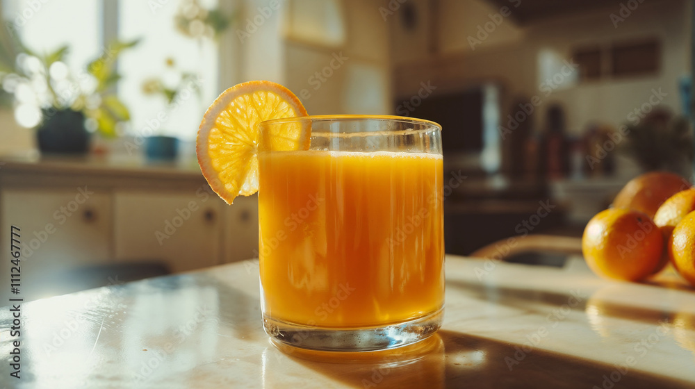 Fototapeta premium Glass of fresh orange juice with slice in sunlit kitchen