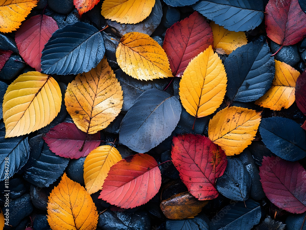 Fototapeta premium Vibrant autumn leaves in shades of red, orange, and yellow scattered on smooth black stones, creating a vivid seasonal texture
