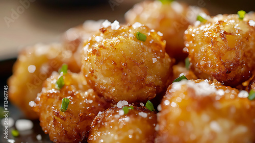 Close-up of tater tots with a crunchy texture, sprinkled with sea salt