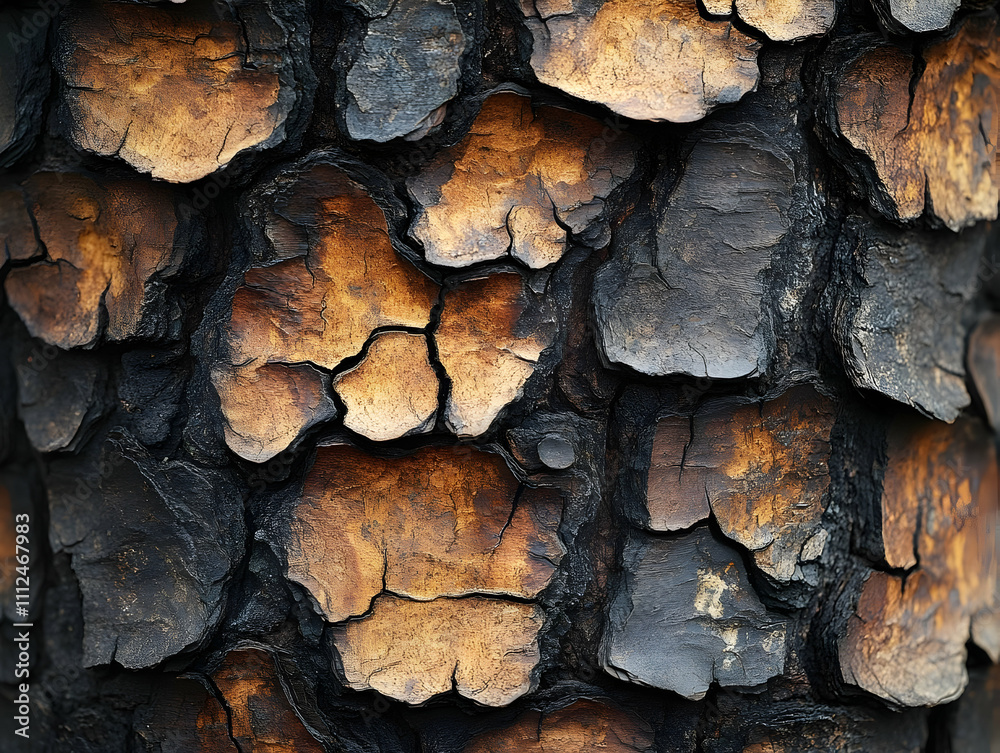 Close-up of rugged tree bark with rich brown and black textures, showcasing the natural patterns and organic details Close-up of rugged tree bark with rich brown and black textures, showcasing the natural patterns and organic details