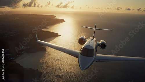 Luxury jet flying over the ocean at sunset near a coastal landscape