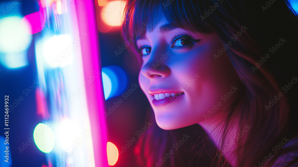 A smiling woman enjoying slot machines in a vibrant casino setting. A smiling woman enjoying slot machines in a vibrant casino setting.
