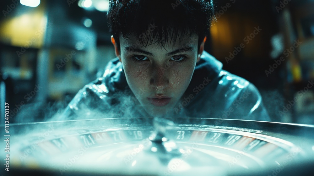 A focused boy stares intently at a spinning roulette wheel, surrounded by mist. A focused boy stares intently at a spinning roulette wheel, surrounded by mist.