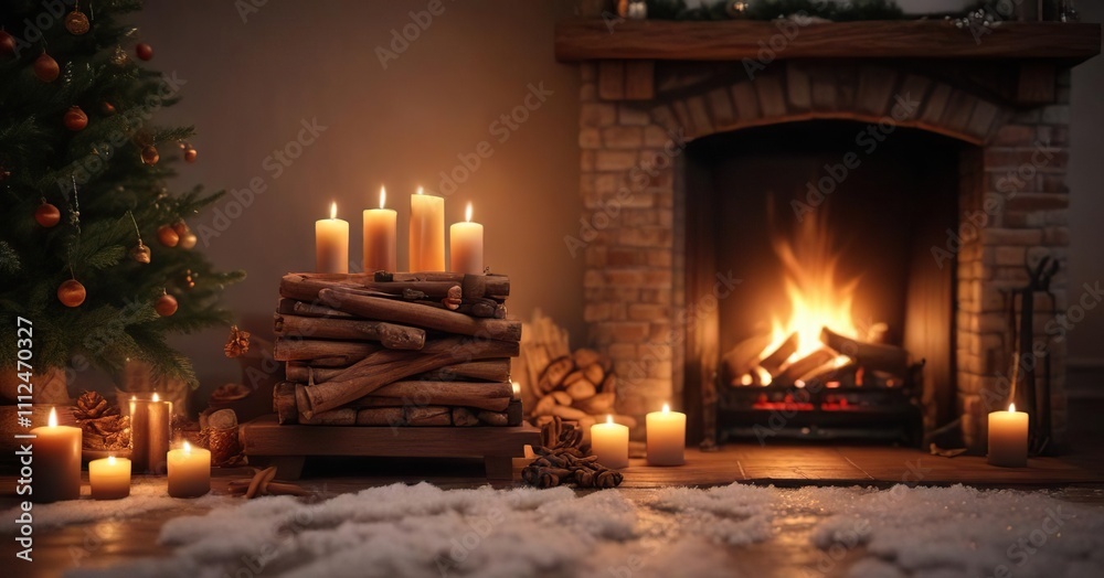 Cozy winter scene with a crackling fireplace and cinnamon-scented candles, soft lighting, cozy atmosphere Cozy winter scene with a crackling fireplace and cinnamon-scented candles, soft lighting, cozy atmosphere
