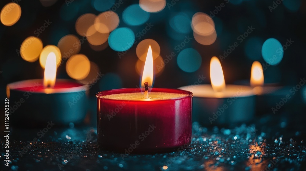 A warm ambiance created by lit candles on a dark surface with a bokeh background.