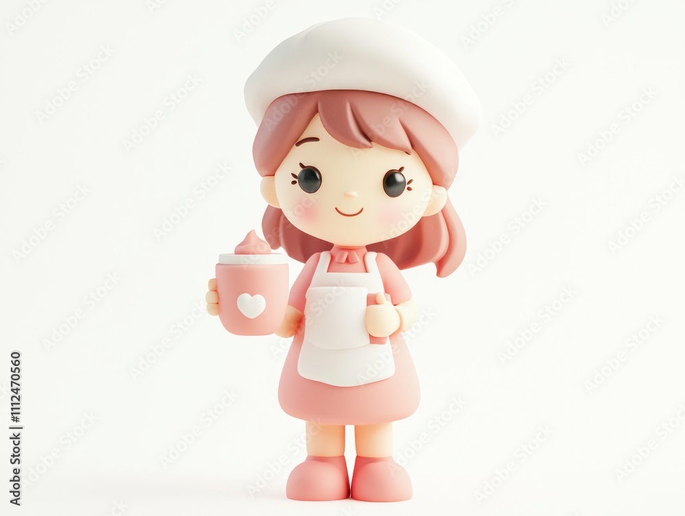 Cute 3D Cartoon Girl Baker Holding Coffee Pastry Shop Cafe Dessert Cute 3D Cartoon Girl Baker Holding Coffee Pastry Shop Cafe Dessert