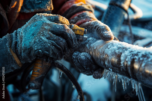 Frozen hands working on icy pipe in harsh winter conditions