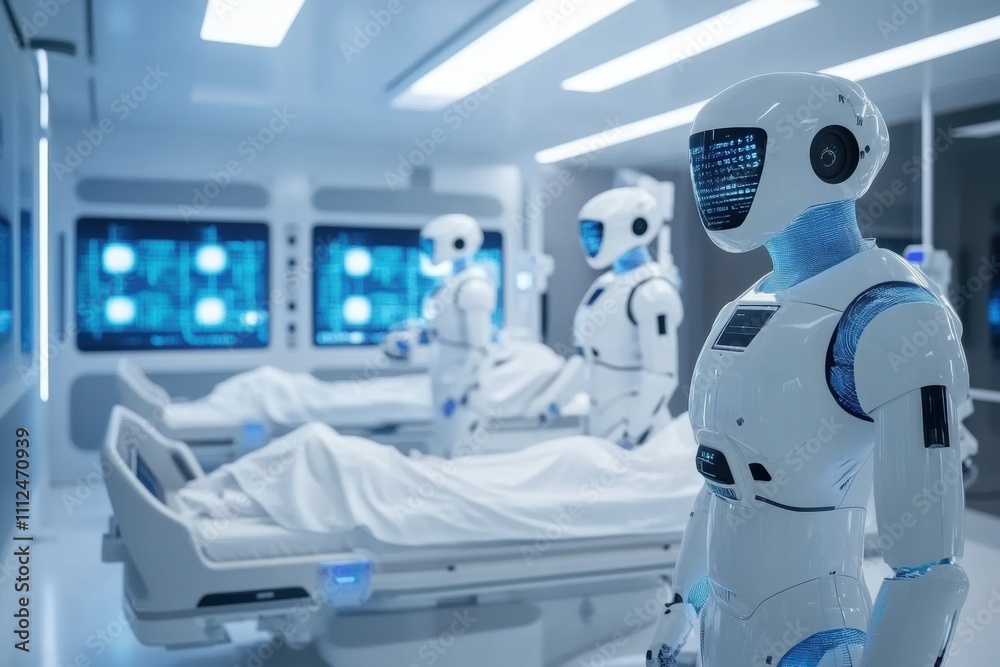 Futuristic robots in a medical facility with patients.
