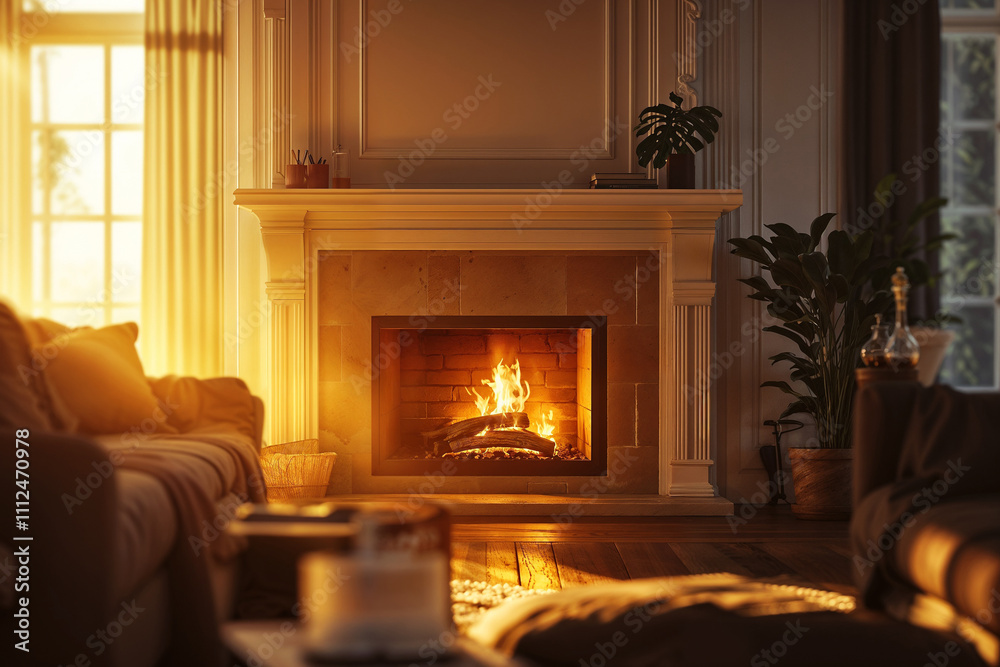 Fototapeta premium Cozy living room with fireplace and warm sunlight
