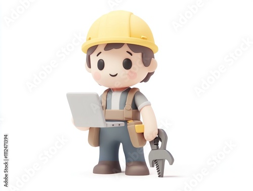 Cute Cartoon Construction Worker Laptop Tool 3D Render