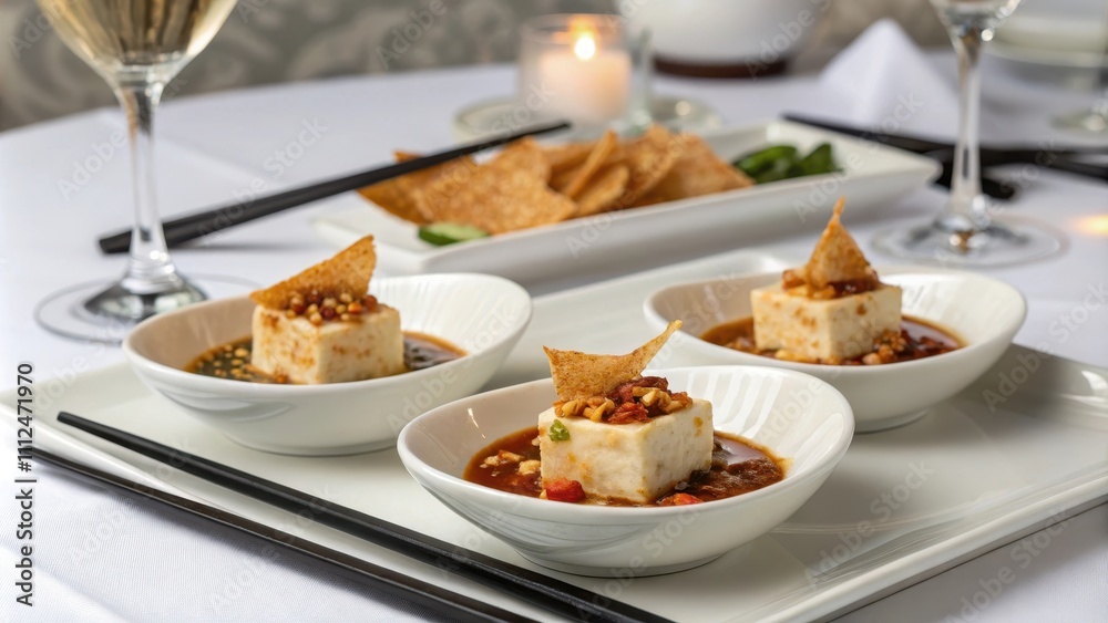 Elegant mini mapo tofu servings at a fine dining experience Elegant mini mapo tofu servings at a fine dining experience