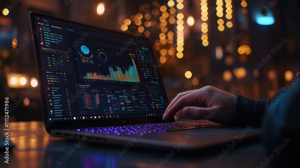 A person interacting with a laptop displaying data analytics in a dimly lit environment. A person interacting with a laptop displaying data analytics in a dimly lit environment.