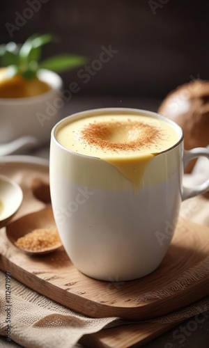 A delicate porcelain cup containing a smooth and velvety coconut milk custard with a few strands of golden brown sugar on top, fine china, porcelain cup