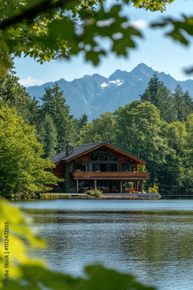 Obraz premium Cozy wooden cabin nestled by a serene lake, surrounded by lush green forest and majestic mountains, creating a perfect retreat in nature.