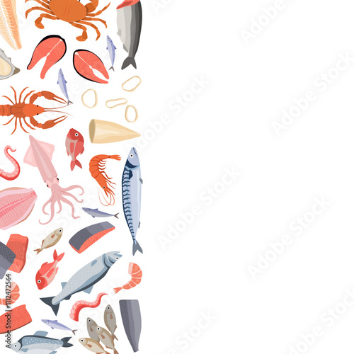 seafood. background illustration with herring squid shrimp octopus crayfish. vector pictures of different seafood products