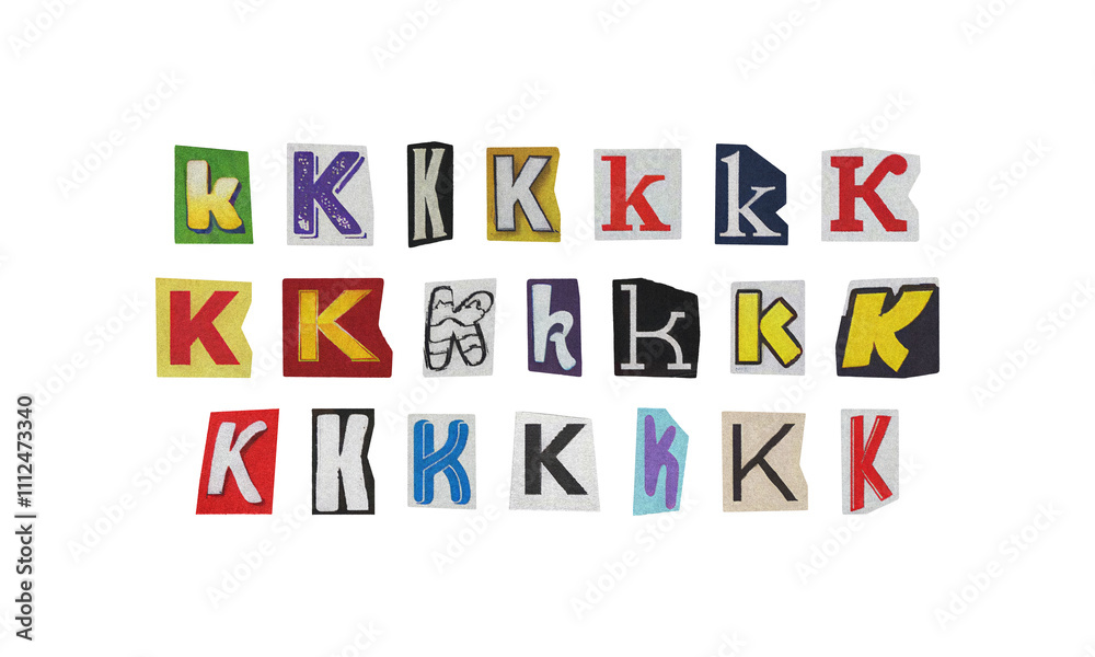 Set of cut-out letter “K” from magazines on a transparent background, retro y2k ransom font style Set of cut-out letter “K” from magazines on a transparent background, retro y2k ransom font style