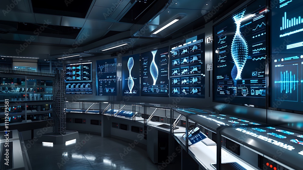 Naklejka premium A modern research facility with multiple digital displays, each showing different sections of a DNA sequence