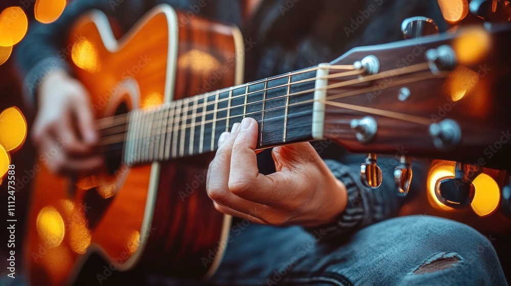 Fototapeta premium A close-up of a person playing an acoustic guitar, surrounded by soft, glowing lights.